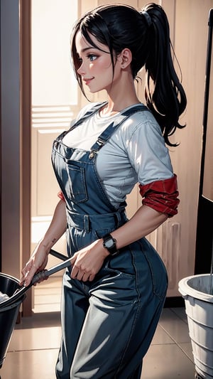 1girl, janitor, overalls, cap, in hallway, indoors, grey background, (mop), (mop bucket, mop maid), (holding mop), big breasts, boobs, sideboobs, wide hips, thick thighs, sweat, sweating, pant, long hair, ponytail, shy, insecure, blush, looking at viewer, UHD, ultra-detailed, intricate details, extreme details, best quality, best lighting, best shading, 1080p, 8k, lewd, best hands, perfect anatomy, perfect hands, (lewd art),