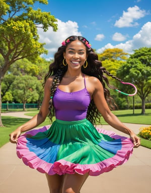 A park with green lawn, trees, flowerbeds, benches, a playground and a pond. BREAK In the center of the image, a 21-year-old girl stands around in a purple dress with long black braided hair. She twirls a hula hoop around her waist and smiles toward the camera. Her eyes are big and bright and her cheeks are flushed. She holds in her hand another hula-hula with blue and green stripes. Near her feet, on the ground, is a hula hoop with pink and yellow stripes. REST Above the image, a blue sky with white clouds. The sun shines brightly, giving warmth and luminosity to the image. BREAK The image expresses the girl's fun and happiness, and makes the viewer feel the nature and vitality of the park. The image is colorful and vivid, and gives energy and smile to the viewer. BREAK delicate facial features, extremely detailed fine touch.