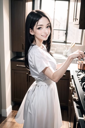  30yo woman wearing white shal with white textures long black dark hair slick back and smooth. Kissface. smile. Looking at camera. POV. Dancing, moving, happy. Kitchen. Fully furnished. Night time.