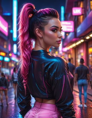 (masterpiece, best quality, 4k, detailed, intricate, realistic), outside, modern city street, night, neon lights, bokeh, depth of field, 1girl, big booty, pink IncursioDipDyedHair, black hair, ponytail, high-waist pants, looking at viewer, shirt,