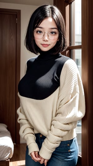 {{A shy and charming}} depiction of {a solo girl} with {a bob cut} framing her face, showcasing {her black hair} and {black eyes} behind {glasses}. She possesses {huge breasts}, giving her a striking silhouette. Her attire includes {a black turtleneck sweater} paired with {white denim pants}, adding a touch of contrast to her ensemble. The girl's cheeks are tinged with {blush}, indicating her {embarrassed} demeanor. The scene is set in {a room}, with the perspective captured {from below}, adding depth to the composition. This image, inspired by the theme of r1ge, focuses on conveying a sense of {shyness} and {vulnerability}