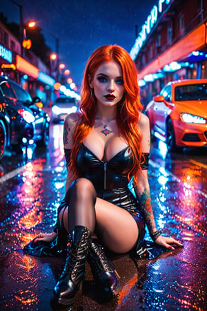 Nfishnet stockings, black boots, sitting on wet road, cars in background, neon lights, blurry background, red and blue lighting, night, outdoor, detailedEOST, 1girl, long orange hair, dark eyes, dark lipstick, tattoos on arm, piercings, black dress, 