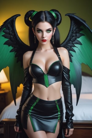 1 cute succubus girl with shiny black hair, two ponytails, green eyes, beautiful detailed face and eyes, stands in front of a bed, black wings, black high heels,, masterpiece, best quality, ultra-detailed, best shadow, detailed background, high contrast, photography, 35mm, Nikon D850 film stock photograph, Kodak Portra 400 camera f1.6 lens, 8k, UHD, retouched in the styles of pino daeni, Waterhouse, Greg Olsen, Carne Griffiths, Alex Ross, , Craig Mullins, Jon Burgerman ,Geof Darrow,, TzigoCuteSuccubus1,