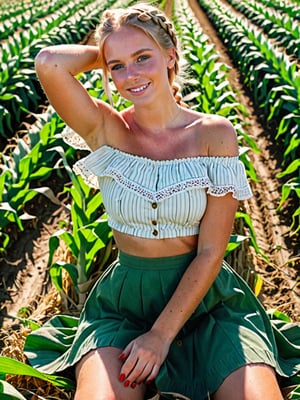  1woman, farmer, hands between knees, field, shiny skin, blush, beautiful face, green eyes, blonde hair, crownbraid, ponytail, cleavage, tan lines, dutch angle, red nail polish, sunlight, wind, flying leaves, sun flowers, corn field, lying on side, lying on haybail, ass view, looking at viewer from behind, posing, (smiling:0.6)  , expressiveH    , hud_cntry_bkin, off shoulder crop top, skirt, frills, jewelry, midriff, farm, field