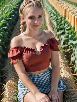  1woman, farmer, hands between knees, field, shiny skin, blush, beautiful face, green eyes, blonde hair, crownbraid, ponytail, cleavage, tan lines, dutch angle, red nail polish, sunlight, wind, flying leaves, sun flowers, corn field, lying on side, lying on haybail, ass view, looking at viewer from behind, posing, (smiling:0.6)  , expressiveH    , hud_cntry_bkin, off shoulder crop top, skirt, frills, jewelry, midriff, farm, field