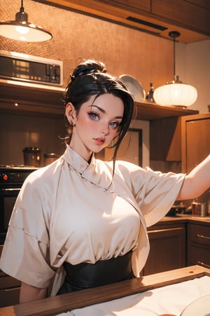  30yo woman wearing white shal with white textures long black dark hair slick back and smooth. Kissface. smile. Looking at camera. POV. Dancing, moving, happy. Kitchen. Fully furnished. Night time.