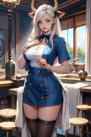 (female): solo, (perfect face), (detailed outfit), (20 years old), inn worker, (cow ears), relaxed, content, (cleaning), pale hair, long hair, asymmetrical hair, blue eyes, light skin, large chest_circumference, (short-sleeve coat), (mini skirt), (black thighhighs), (large ribbon), (friendship bracelet) (background): from front, indoor, (inn), (bathhouse), (towels), (buckets), (stools), evening, (effects): (masterpiece), (best quality), (sharp focus), (depth of field), (high res), more_details:-1, more_details:0, more_details:0.5, more_details:1, more_details:1.5, kawaiitech, pastel colors, kawaii, cute colors
