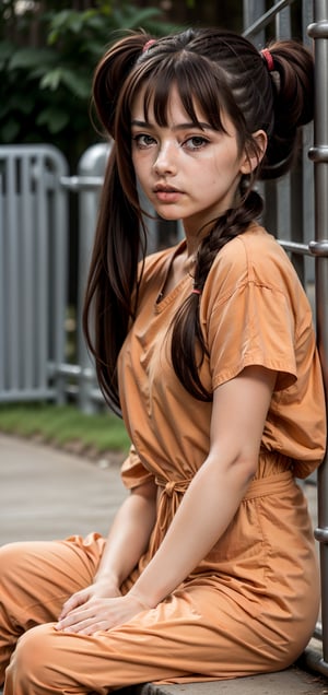 BREAK 1girl, solo,  mrndnkk, pink eyes, brown hair, twintails, very long hair, bangs, orange jumpsuit, prison clothes, prisoner, shackles, standing, outdoors, looking at viewer, pout, sitting