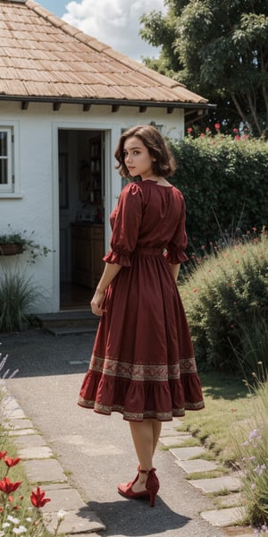 A beautiful young woman with short, flowing dark hair with red highlights, wearing a vibrant red dress, standing on a picturesque path leading to a charming coastal cottage. The scene captures the woman in a dynamic, thoughtful pose, looking towards the horizon. Her dress gently flows with the breeze, showcasing realistic fabric textures and soft lighting. The background features a quaint cottage with a red-tiled roof, surrounded by lush, green fields and blooming wildflowers. The sky is bright blue with fluffy white clouds, and the ocean is visible in the distance with sailboats dotting the horizon. The composition emphasizes realistic textures, detailed lighting, and a serene, idyllic atmosphere.