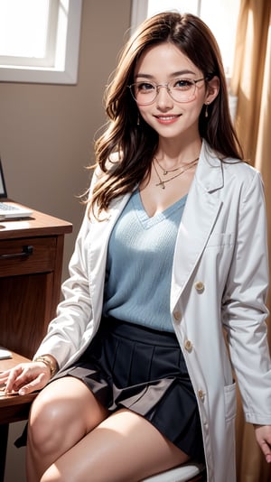 (female): solo, (perfect face), (detailed outfit), (20 years old), doctor, happy, smiling, (sitting), brown hair, medium hair, wavy hair, blue eyes, light skin, medium chest_circumference, (white coat), (black skirt), (glasses), (necklace), (friendship bracelet) (background): from front, indoor, clinic, (desk), (curtain), (medicine bottle), (patient's chair), afternoon, sunny (effects): (masterpiece), (best quality), (sharp focus), (depth of field), (high res)