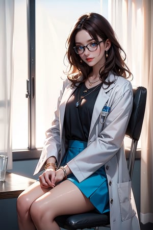 (female): solo, (perfect face), (detailed outfit), (20 years old), doctor, happy, smiling, (sitting), brown hair, medium hair, wavy hair, blue eyes, light skin, medium chest_circumference, (white coat), (black skirt), (glasses), (necklace), (friendship bracelet) (background): from front, indoor, clinic, (desk), (curtain), (medicine bottle), (patient's chair), afternoon, sunny (effects): (masterpiece), (best quality), (sharp focus), (depth of field), (high res)