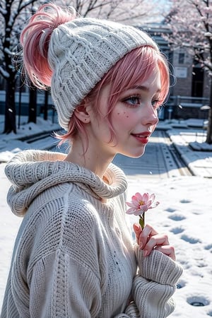 22 year old Girl, cute, solo, knit cap, profile, pink hair, short hair, smooth bangs, smile, snow out of season, cherry blossoms, admiring flowers, white breath, upper body close-up, out of focus background, cherry blossom trees, dim light, cloudy, sun Angle from inside and side,snow full,
