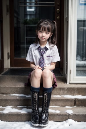 best quality, photo realistic, master piece, 1girl, female lowteen, look down, school uniform, smug, step on viewer, blush, , white pantie, legs, Wearing lace-up snow boots, full body,
(((little girl’s body))),(((petite body))),