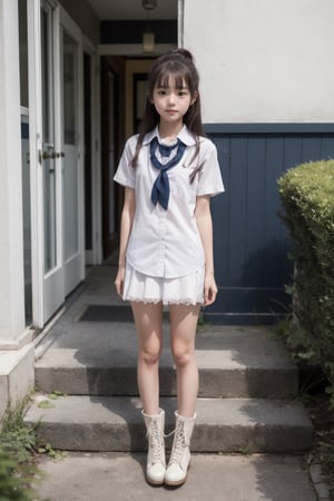best quality, photo realistic, master piece, 1girl, female lowteen, look down, (thin body), school uniform, smug, step on viewer, blush, , white pantie, legs, wearing lace-up boots, full body,
(((little girl’s body))),(((petite body))),