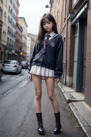 best quality, photo realistic, master piece, 1girl, female lowteen, look down, school uniform, smug, step on viewer, blush, , white pantie, legs, wearing lace-up boots, full body,
(((little girl’s body))),(((petite body))),