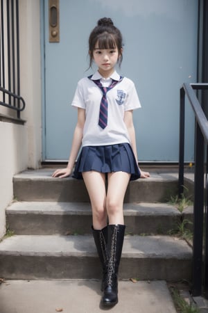 best quality, photo realistic, master piece, 1girl, female lowteen, look down, (thin body), school uniform, smug, step on viewer, blush, , white pantie, legs, wearing lace-up boots, full body,
(((little girl’s body))),(((petite body))),