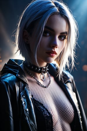 realistic style, photo, soft lighting, dimension, details, score_9, score_8_up, score_7_up, cape, fishnet, emo, jacket, girl, raven, white hair, chain