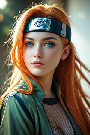 realistic style, photo, soft lighting, dimension, details, score_9, score_8_up, score_7_up,  1 girl,  orange hair, blue eyes, naruto_(series),   big brest, very long hair, konoha, head protector, fishnet, green jacket