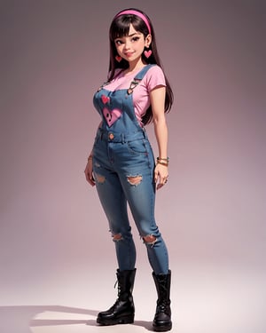 abby, 1girl, solo,  long hair, bangs,  black hair, jewelry, standing, full body, heart, hairband, earrings, bracelet,  , only overalls,  pink hairband, smile, pixar style, grown up, big breast, long legs, combat boots, side boobs, 