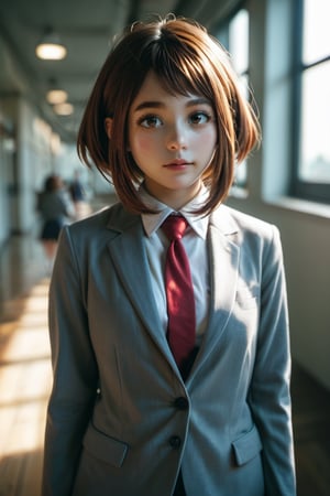 realistic style, photo, soft lighting, dimension, details, score_9, score_8_up, score_7_up, uraraka_ochako, school_uniform, red tie, school_girl, grey blazer, 