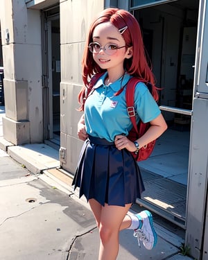 meilee, 1 girl, , parted hair, brown eyes, hair ornament, red hair, smile, very long hair, neck-length hair, hairclip, short sleeves, glasses, collared shirt,  skirt, backpack,  thin silver glasses, teal hairclip, white collar, blue skirt, gray sneakers, chocker, perfect hands, 