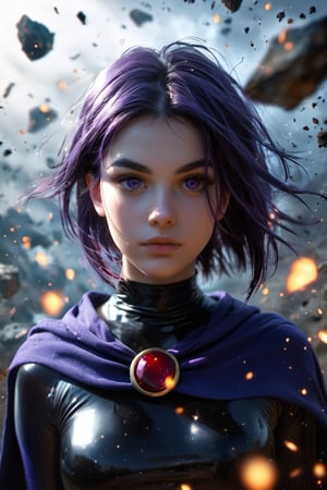 realistic style, photo, soft lighting, dimension, details, score_9, score_8_up, score_7_up, raven, teen titans, purple hair, pale skin,  cape, dust particles, floating debris, portrait, black shirt, purple eyes, 