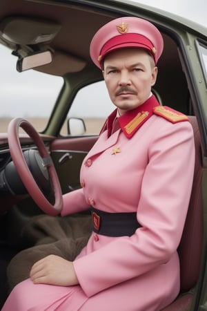  realistic vladimir lenin driving tesla model s dressed in soviet uniform and pink skirt and army boots skin defects wrinkled photorealistic, 8k, canon eos r5, hi_resolution, whole body, soft light, 