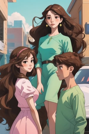 Triplets, teenagers, left green clothes, center dressed in pink, right dressed in blue, their shirts have a star, wavy brown hair, brown eyes, harem dress,Shadman,perfect