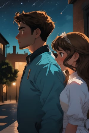 A whimsical wedding moment: A young girl with wavy brown hair and warm brown eyes gazes out at the star-filled night sky from a romantic balcony, her profile illuminated by soft moonlight. The handsome young man stands beside her, his gentle smile and strong presence subtly framing the tender scene. The city's FuturEvoLab backdrop glows softly in the distance, hinting at the innovative union being celebrated.