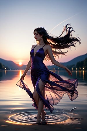 A serene lakeside setting at sunset. A beautiful girl, donning a stunning purple dress, twirls and spins in the shallow water's edge. The dress shimmers with iridescent hues as she dances, her long hair flowing like the ripples on the lake's surface. Reflected perfectly in the calm water, her joyful movements create a mesmerizing display of symmetry and beauty.