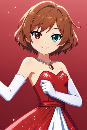 1girl, smile, heterochromia, red_eye, green_eyes, dress blue, bare shoulders, jewelry, red brown hair, elbow gloves, white gloves, dance, red background,Flat vector art,Eve3D,SFW,glitter