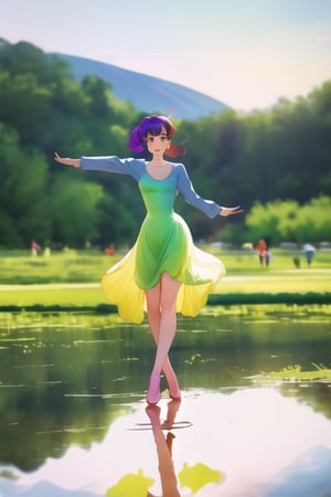 Beautiful Girl, purple dress, dancing in the start in reflection of a lake