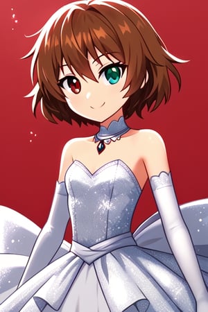 1girl, smile, heterochromia, red_eye, green_eyes, dress blue, bare shoulders, jewelry, red brown hair, elbow gloves, white gloves, red background,Flat vector art,Eve3D,SFW,glitter