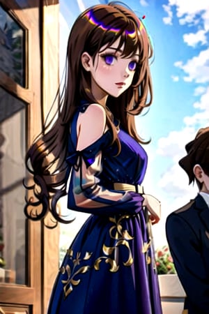  1girl, long hair, brown hair, long sleeves, dress, heterochrome eyes, purple dress,Detail