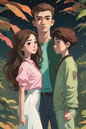 Three girls, teenagers, left green clothes, center dressed in pink, right dressed in blue, their shirts have a star, wavy brown hair, brown eyes, harem dress,Shadman,perfect