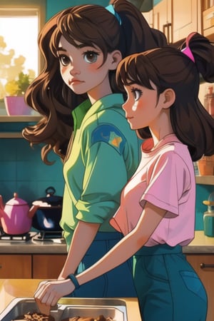 A trio of teenagers, surrounded by the warmth and comfort of a kitchen. The left figure dons green attire with a star-adorned shirt, while the center individual shines bright in pink, their outfit matching the vibrant hue of their surroundings. On the right, blue hues prevail, another star-embellished shirt adding to the visual harmony. Wavy brown hair and warm brown eyes bring a sense of relatability to these teenagers as they gather 'round the cook, Shadman's perfect capture freezing this moment in time.