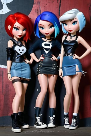 Three teenage girls with distinct styles and hair colors stand out against a dark, moody Disney Pixar-inspired backdrop. Red-haired rebel wears ripped fishnets, black leather jacket, and silver studs, her punk-rock vibe radiating confidence. Beside her, blue-haired beauty dons a flowing black dress, choker necklace, and combat boots, exuding mystery. The trio's contrasting styles are bookended by white-haired sweetie in a cozy sweater, distressed denim jeans, and Converse sneakers, her whimsical charm on full display. Softly lit by flickering candles or glowing orbs, the girls' unique energies converge, their bond palpable amidst the dramatic shadows.