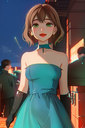 A vibrant scene unfolds: a single girl with brown hair and striking green eyes, her gaze shining bright as she flashes a radiant smile. She wears a stunning blue dress that hugs her curves, leaving bare shoulders adorned with sparkling jewelry. Behind her, a trio of boys, their red hair standing out against the crimson background. The girl's fingers are clad in elbow gloves, adding an air of sophistication to her playful demeanor. The overall aesthetic is one of Flat vector art, reminiscent of Eve3D and nodf_lora's whimsical style, with SAM YANG's signature flair evident in the bold colors and composition. As she shares a tender kiss with one of the boys, the scene comes alive with warmth and energy.