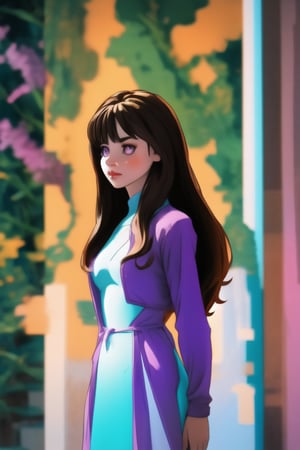 Prompt:  1girl, long hair, brown hair, long sleeves, dress, heterochrome eyes, purple dress