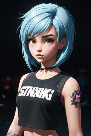 Three teenage girls with distinct styles and hair colors - a girl with red hair wearing a punk-inspired outfit, a girl with blue hair wearing a dark outfit, and a girl with white hair wearing a casual outfit, standing in a dark, moody background,disney pixar style