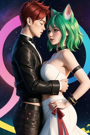 A whimsical scene of a hetero couple, with the girl sporting short red hair and the boy having green locks. She dons animal ears with a cat tail and a choker adorned with a bell, while he wears pointy ears and a bow. They share a tender kiss as she wraps a bridal garter around his waist, matching her own midriff. The magical girl's outfit shines with a heart-shaped emblem. Flat vector art style with bold lines and vibrant colors, reminiscent of Eve3D's signature aesthetic.