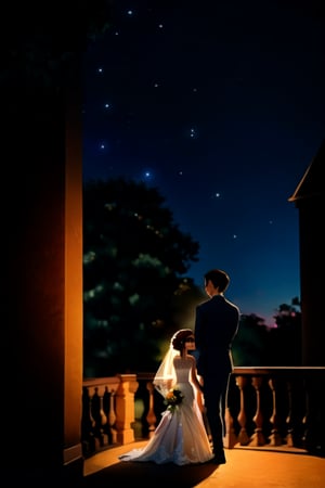 Young girl, wavy brown hair, brown eyes, looking out over a balcony at a starry sky, a handsome young man stands behind them.,FuturEvoLabWedding,floral dress