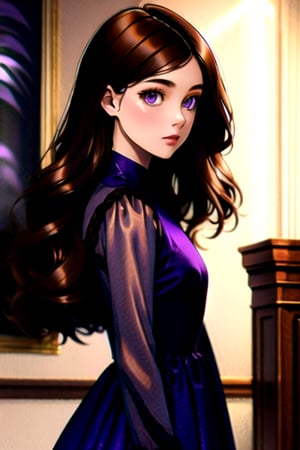 1girl, long hair, brown hair, long sleeves, dress, heterochrome eyes, purple dress,Detail