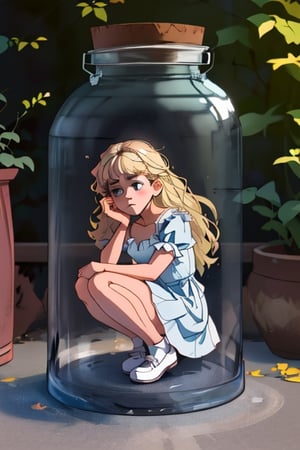 Young girl with a dress white, blond_hair, sad expression,perfect,JAR,voldress