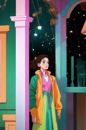 Three girls, teenagers, left green clothes, center dressed in pink, right dressed in blue, their shirts have a star, wavy brown hair, brown eyes, looking out over a balcony at a starry sky, a handsome young man stands behind them.