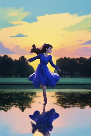 Beautiful Girl, purple dress, dancing in the start in reflection of a lake