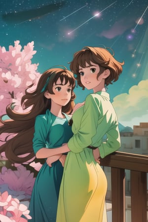 Three teenage girls, donning emerald green attire, pose on a balcony overlooking a celestial canvas of twinkling stars. The center girl's pink shirt features a shining star, while her companions wear blue and green shirts adorned with matching stars. Their wavy brown locks cascade down their backs as they gaze out at the night sky, their brown eyes aglow with wonder. A dashing young man stands discreetly behind them, his presence subtly framing the trio's joyful moment.