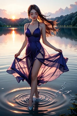 A serene lakeside setting at sunset. A beautiful girl, donning a stunning purple dress, twirls and spins in the shallow water's edge. The dress shimmers with iridescent hues as she dances, her long hair flowing like the ripples on the lake's surface. Reflected perfectly in the calm water, her joyful movements create a mesmerizing display of symmetry and beauty.