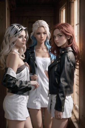 Three teenage girls, each showcasing their unique personas, stand against a dramatic, Disney-Pixar inspired backdrop. Red-haired rebel sports a punk-rock inspired ensemble, complete with ripped fishnets and a black leather jacket, her fiery locks framing her determined gaze. Blue-haired enigma wears an edgy, dark ensemble, her vibrant tresses contrasted by the somber hues of her attire. Meanwhile, white-haired beauty dons a casual yet stylish outfit, her snowy strands gleaming in the faint light. The trio's distinct styles and hair colors create a striking visual triangle against the moody, atmospheric setting.,wearing towel