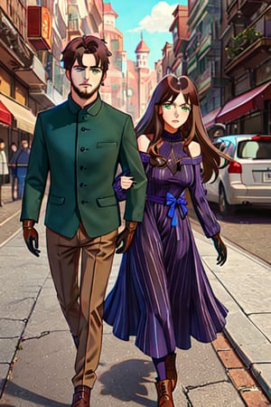 1boy, brown hair, gloves, long sleeves, green eyes, male focus, pants blue, shadown, facial hair, brown footwear, beard, 1girl, long hair, brown hair, long sleeves, dress, heterochrome eyes, purple dress,